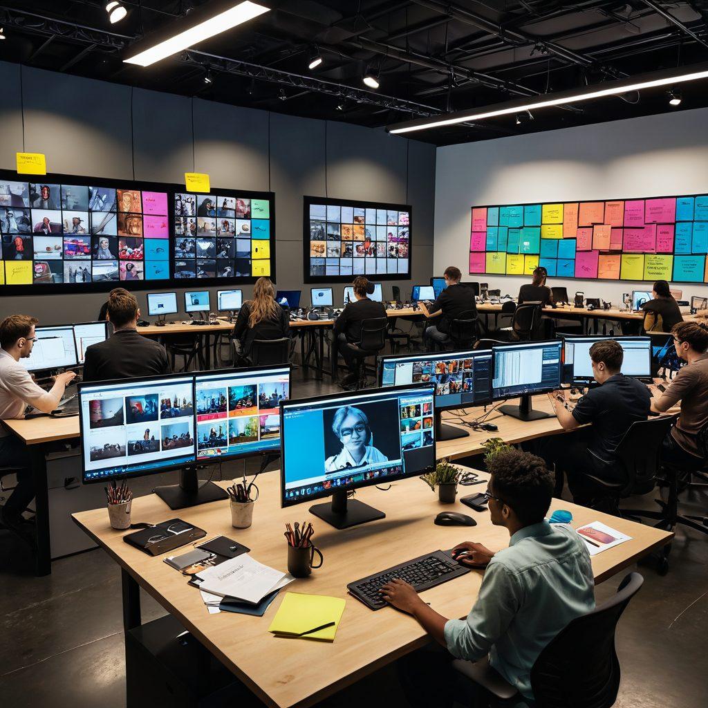 A dynamic scene featuring diverse individuals engaged in an interactive video production setting, showcasing various strategies like brainstorming, filming, and editing. Include a large screen displaying vibrant visuals to capture audience attention, with an array of cameras and editing tools scattered around. The environment should feel collaborative, creative, and filled with energy. juxtapose technology and human interaction, illustrating effective engagement. super-realistic. vibrant colors. modern studio setting.