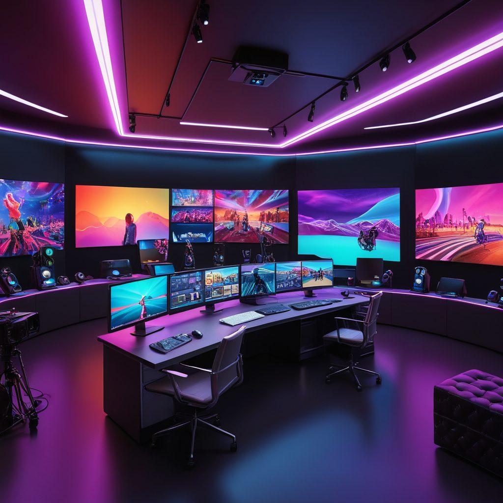 A dynamic scene of a modern home studio setup featuring a high-quality webcam, vibrant lighting, and multiple screens displaying live streaming graphics. Include a diverse group of people engaged in digital content creation, with microphones and cameras positioned creatively. Incorporate elements like colorful overlays and viewer engagement counters to illustrate the excitement of live streaming. A sleek, tech-savvy aesthetic with bright colors and futuristic elements. super-realistic. vibrant colors. 3D.