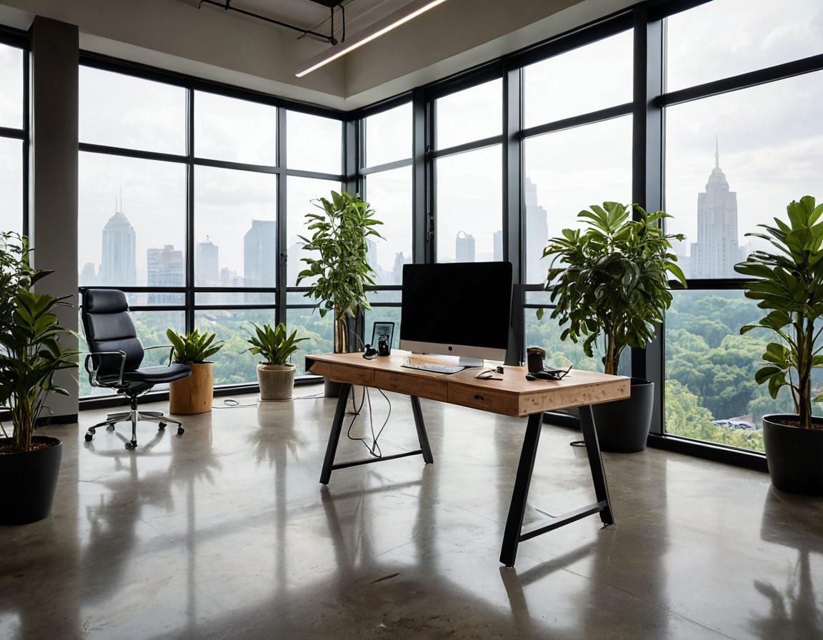 A sleek, modern workspace with a high-tech camera setup at the center, surrounded by vibrant digital content displayed on multiple screens. Include creative tools like a tripod, lens filters, and a tablet showing editing software. The ambiance should feel innovative and inspiring, with natural light streaming in through large windows. Incorporate hints of futuristic technology and a touch of nature for balance. super-realistic. vibrant colors. contemporary style.